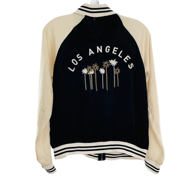 ABOUT A GIRL Black & Cream 'LOS ANGELES' Embroidered Palm Trees Bomber Jacket S - Picture 3 of 12
